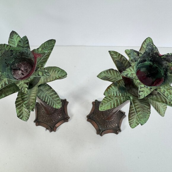 set of 2 palm tree candle holder w/ green leaves 8.5" tall - Picture 3 of 6